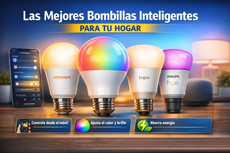 bombillas inteligentes con control móvil y cambio de color en entorno doméstico