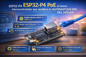 placa ESP32-P4 con puerto Ethernet PoE en entorno de escritorio tecnológico