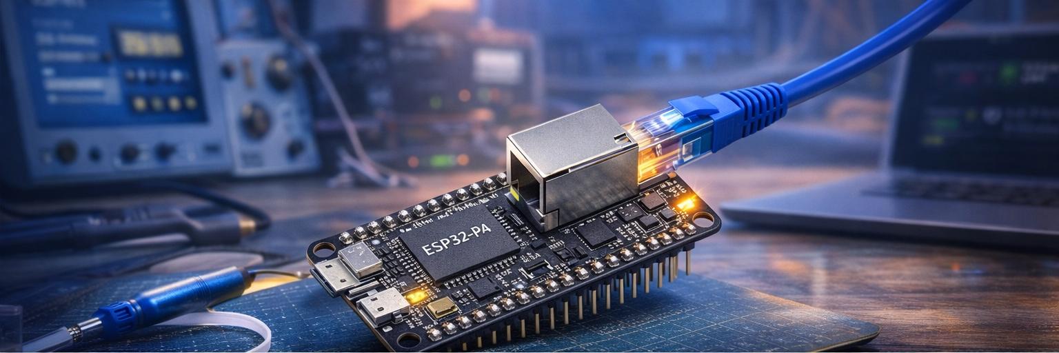 placa ESP32-P4 con puerto Ethernet en banco de trabajo electrónico