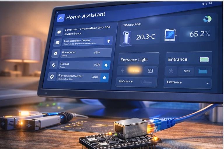 panel de Home Assistant con sensores y dispositivos IoT conectados por Ethernet