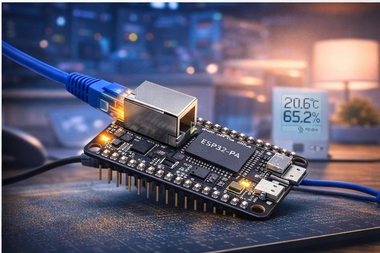 microcontrolador ESP32-P4 conectado a pantalla y red Ethernet en entorno técnico