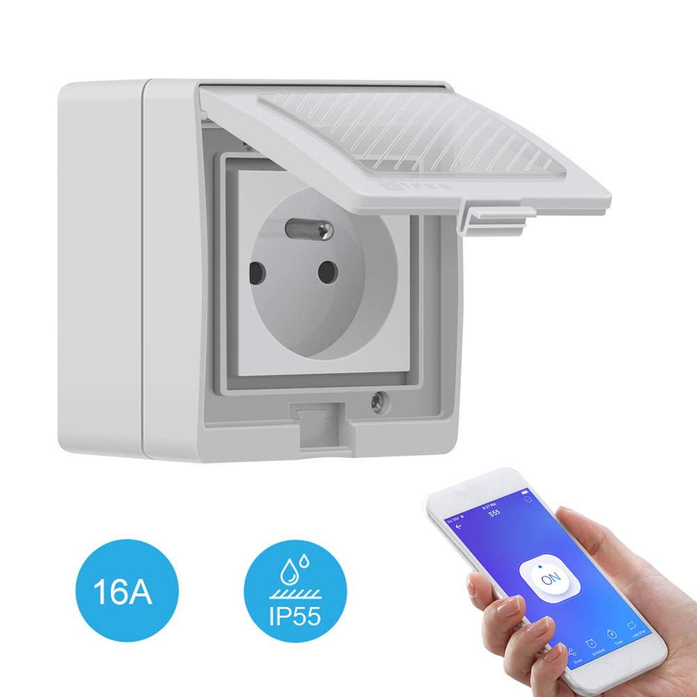 Sonoff S55 - Enchufe inteligente para exterior (Wi-Fi, impermeabilidad IP55, compatible con Alexa/Google Home/IFTTT, control remoto, control por voz, función de tiempo, carga máxima 16 A)