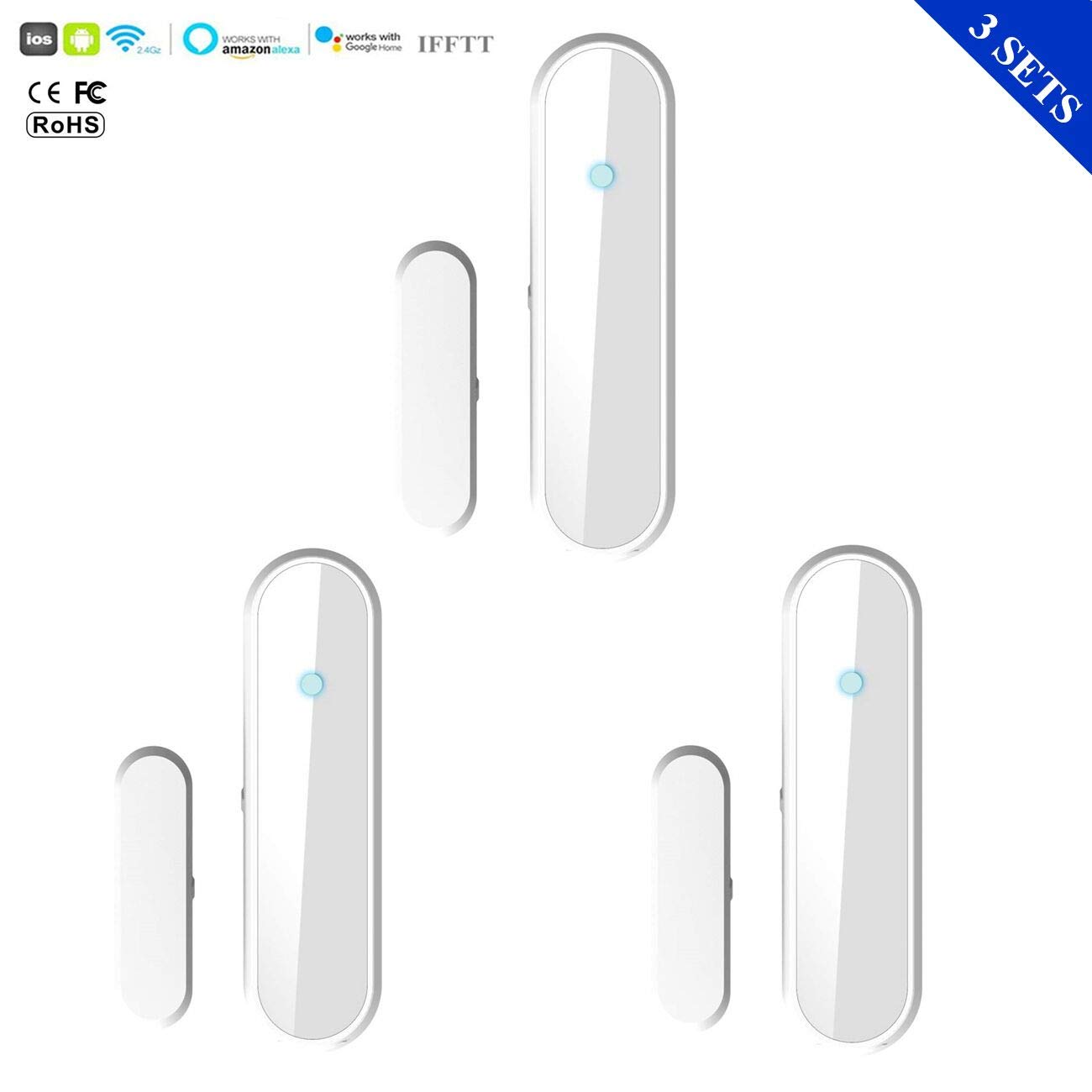 El detector de sensor de imán de puerta de ventana inteligente funciona con Alexa Google Home IFTTT para el sistema de alarma de seguridad antirrobo(con batería) (3 Packs)