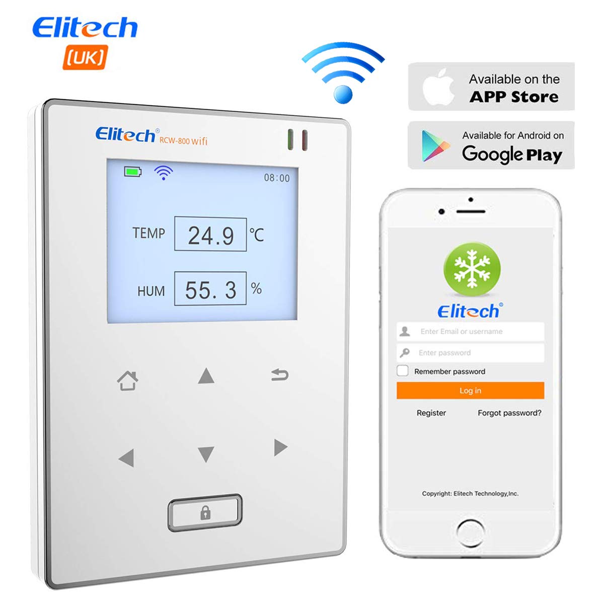 Elitech RCW-800 WIFI Registrador de Datos de Humedad y Temperatura, Termometro Higrómetro Sensor Inteligente, Monitor de Datos Remoto, Alertas de APP, para Laboratorio, Bodega, Garantía de 12 meses